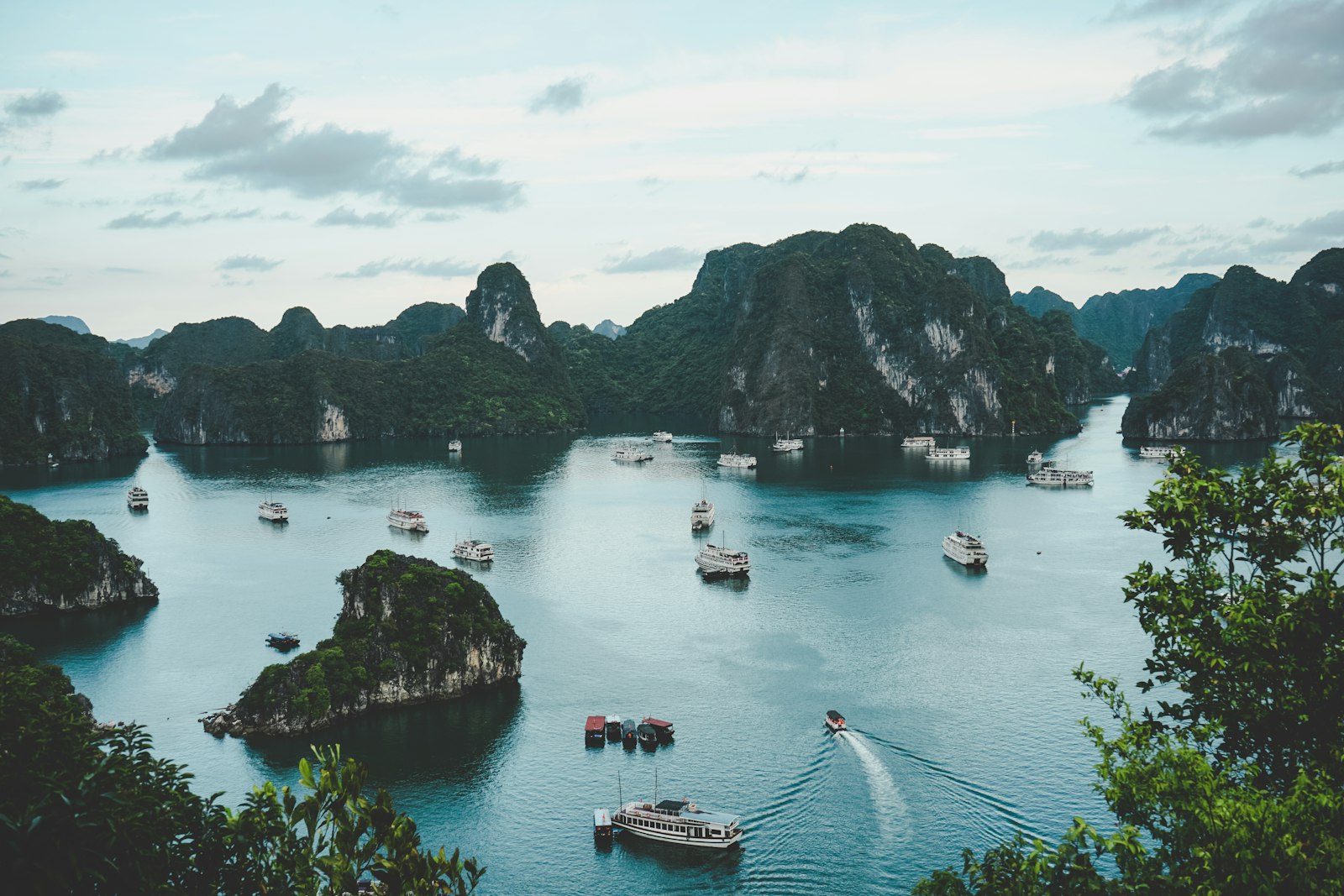 Limestone islands and boats in Vietnam